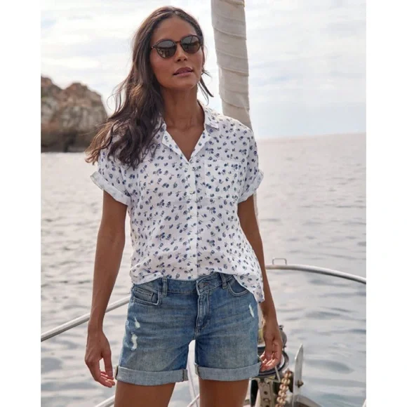 Garnet Hill | 100% Flax Linen Short-Sleeve Button-Front Blueberries Shirt US 10 - Picture 1 of 8